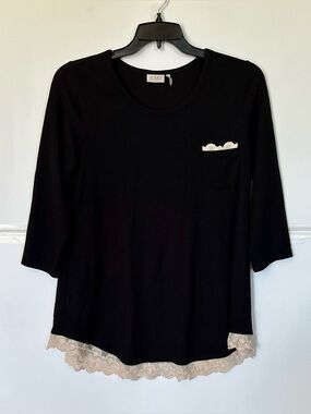 LOGO by Lori Goldstein Black 3/4 sleeve black top with Cream Lace Trim.